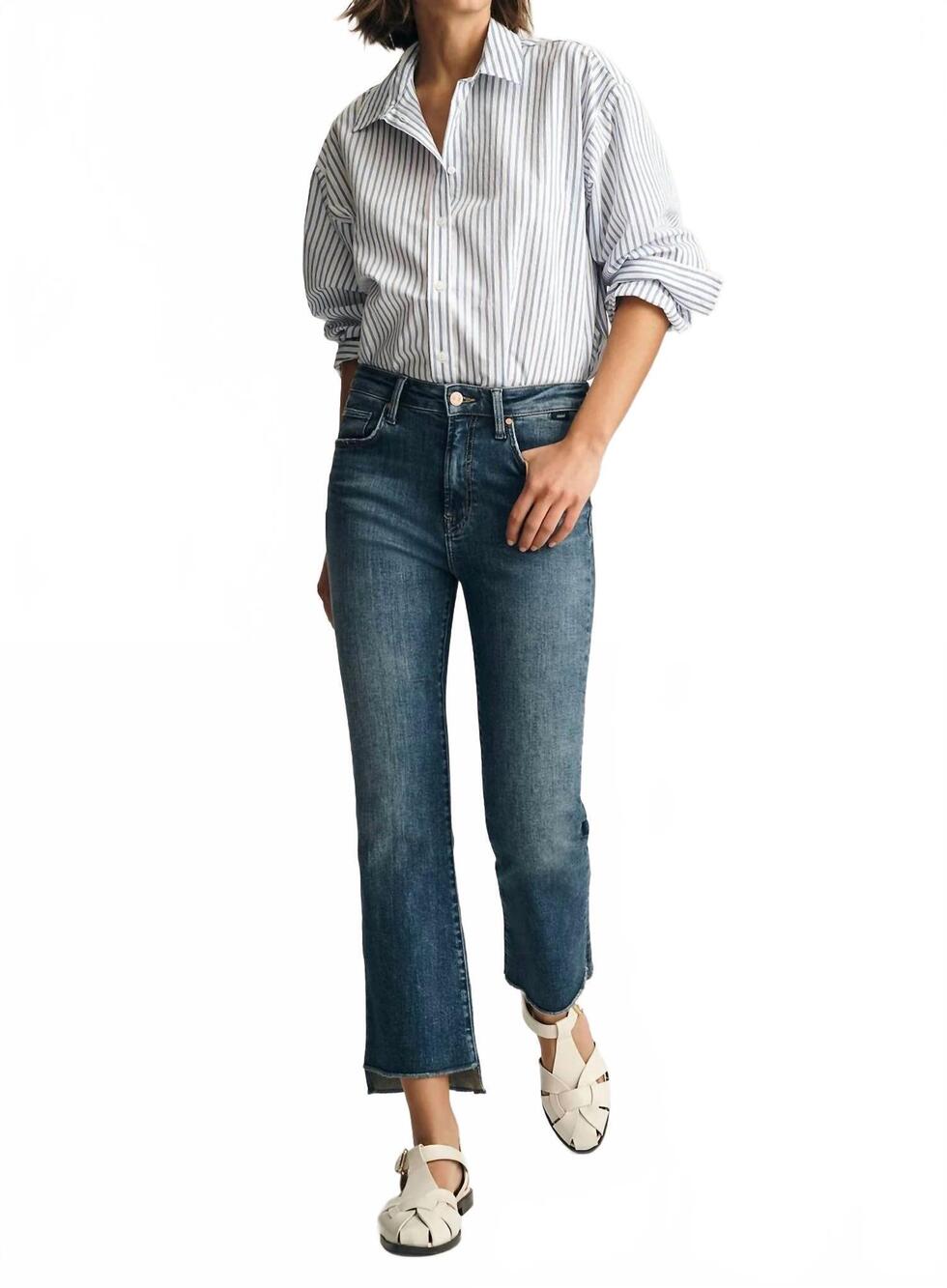 NEW MAVI anika high rise crop flare jeans in dark brushed flex blue